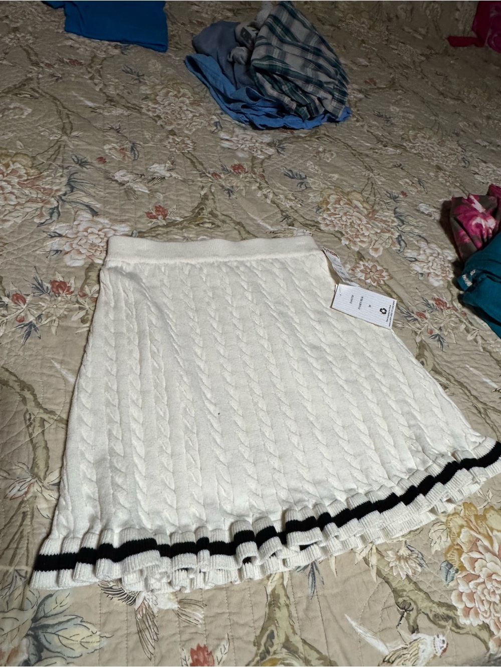 Cable-Knit White Skater Skirt with Black Trim